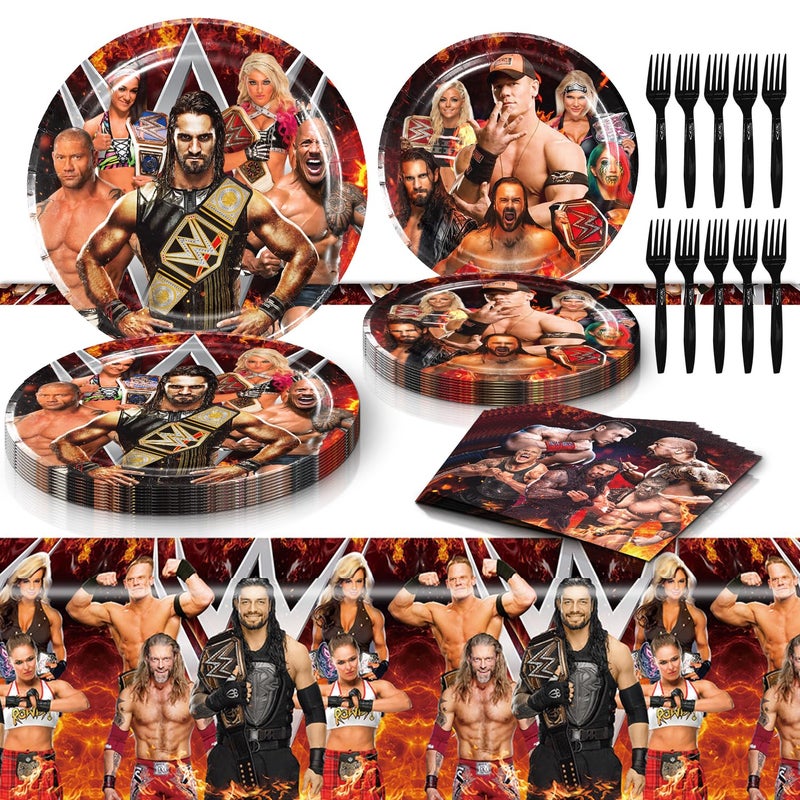 PINUO Wrestling Birthday Party Supplies Set - Wrestling Tableware with Tablecloth, Plates, Napkins & Forks for Kids Wrestling Party Decorations - Image 1
