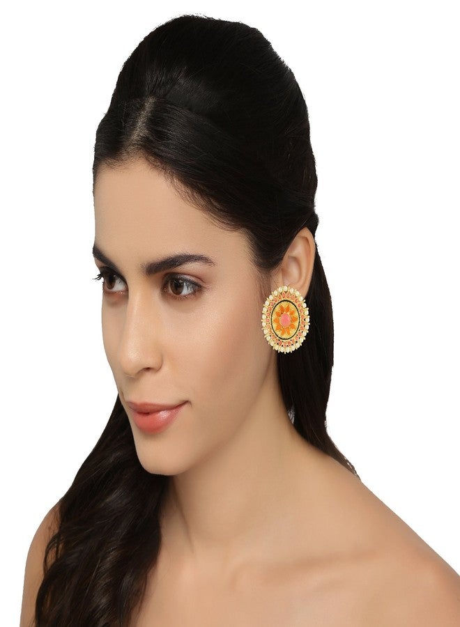 ACCESSHER Traditional Multi-Colour Brass Material High Gold Plated Circular Enamel Studs for women and girls pair of 1 (Multi) - Image 3