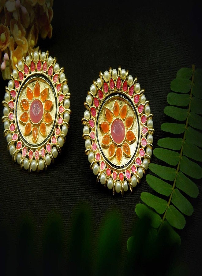 ACCESSHER Traditional Multi-Colour Brass Material High Gold Plated Circular Enamel Studs for women and girls pair of 1 (Multi) - Image 2