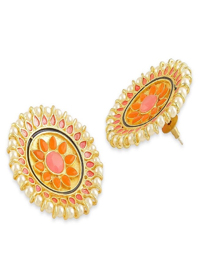 ACCESSHER Traditional Multi-Colour Brass Material High Gold Plated Circular Enamel Studs for women and girls pair of 1 (Multi) - Image 4