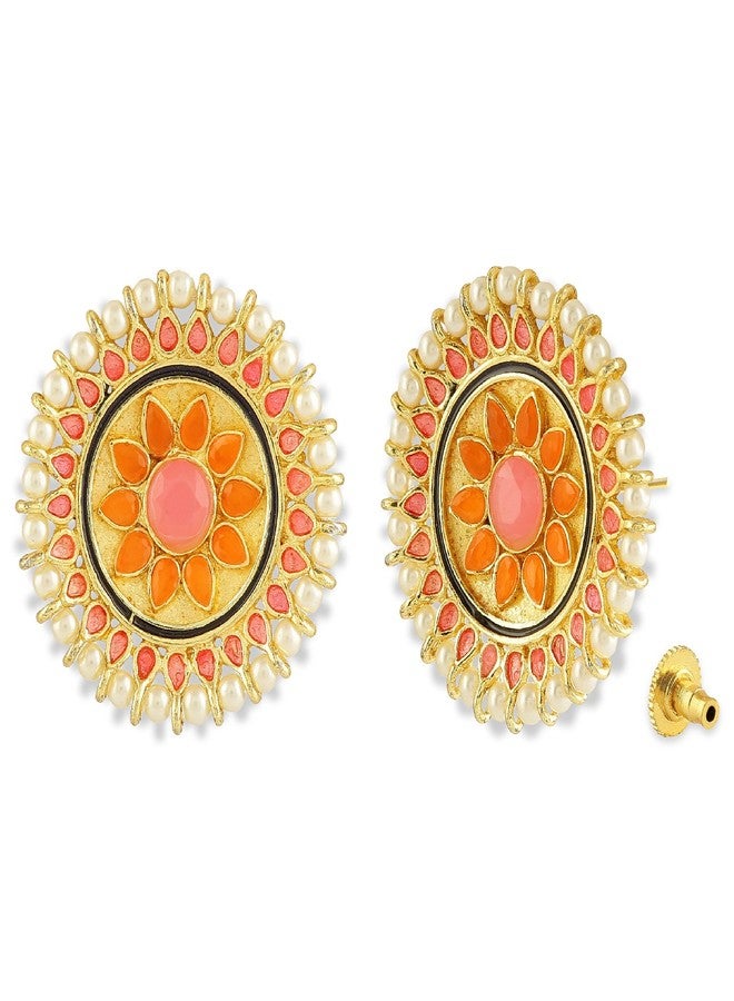 ACCESSHER Traditional Multi-Colour Brass Material High Gold Plated Circular Enamel Studs for women and girls pair of 1 (Multi) - Image 5