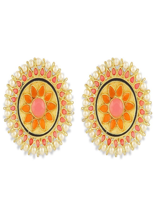 ACCESSHER Traditional Multi-Colour Brass Material High Gold Plated Circular Enamel Studs for women and girls pair of 1 (Multi) - Image 1
