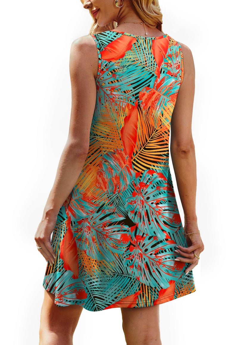 OFEEFAN Spring Dresses for Women 2026 Boho Italian Dress School Outfits for Teachers Women's Clothing Fashion Trendy Casual Summer Pleated Beach Vacation Clothes Swing Sleeveless Sundresses Floral Orange M - Image 5