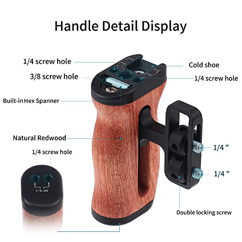 FOEASY Foto4easy Universal Camera Wooden Side Handle,Adjustable Up and Down Side Handle Grip with 1/4"-20 Screw Hole and Cold Shoe Mount for DSLR Camera Cage and Camnera Accessories - Image 3