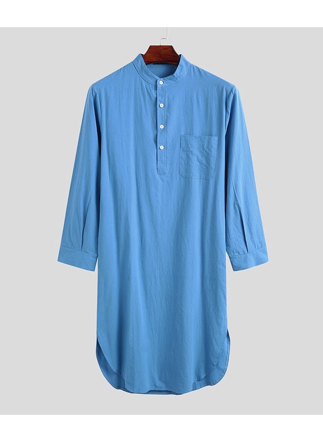 NIBEMINENT Fashion Muslim Men's Robe Long Sleeve Button Solid Color Printed Shirt  - Image 1