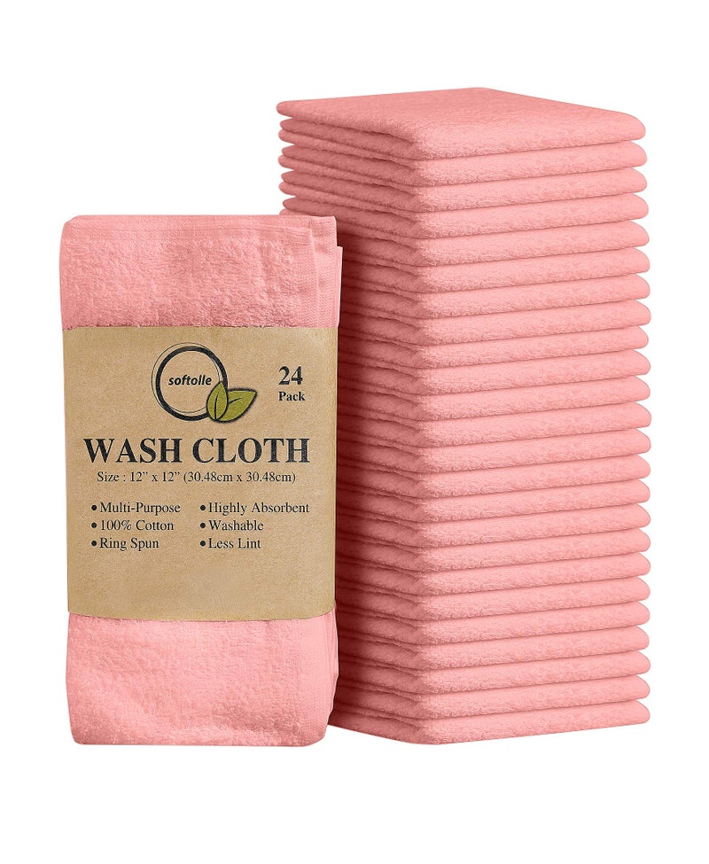 Softolle 100% Cotton Washcloths 24 Pack (12x12 Inches) Soft, Highly Absorbent Washcloth, Face Towels, Wash Cloths for Face, Ring Spun, Bulk Pack (Pink) - Image 1