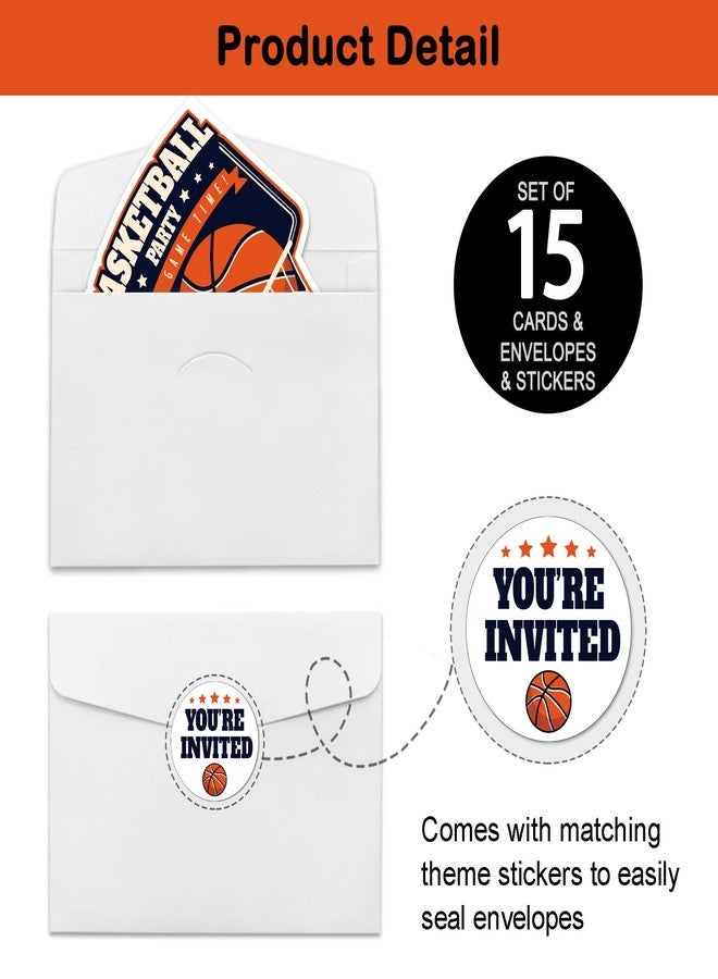 REWIDPARTY Basketball Party Invitations with Envelopes & Stickers（Set of 15） Basketball Birthday Party Shaped Fill-in Invitations Basketball Game Invite Card Basketball Party Supplies for Kids Adults - Image 4