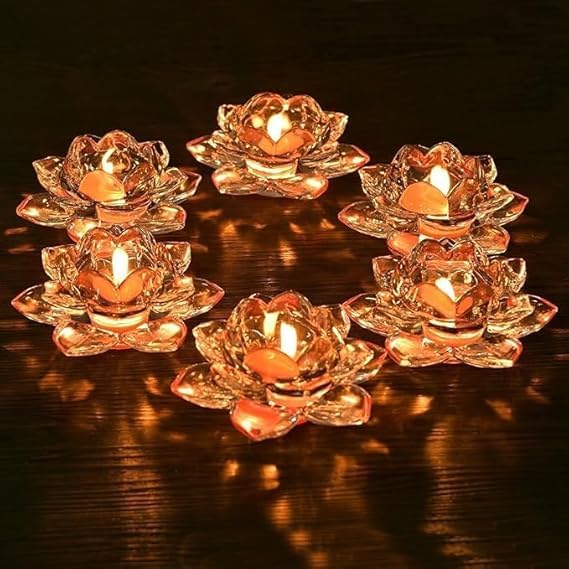 GRETZOMALL GRETZOMALL Glass Lotus Flower Tea Light Candle Holder Exquisite Crystal Diya for Diwali Perfect and Creative for Home Dcor Transparent Pack of 1 - Image 2