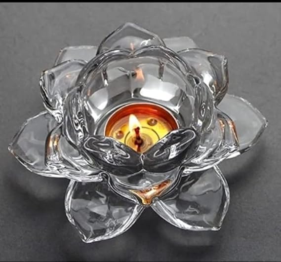 GRETZOMALL GRETZOMALL Glass Lotus Flower Tea Light Candle Holder Exquisite Crystal Diya for Diwali Perfect and Creative for Home Dcor Transparent Pack of 1 - Image 1