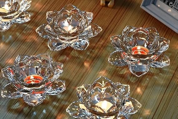 GRETZOMALL GRETZOMALL Glass Lotus Flower Tea Light Candle Holder Exquisite Crystal Diya for Diwali Perfect and Creative for Home Dcor Transparent Pack of 1 - Image 4