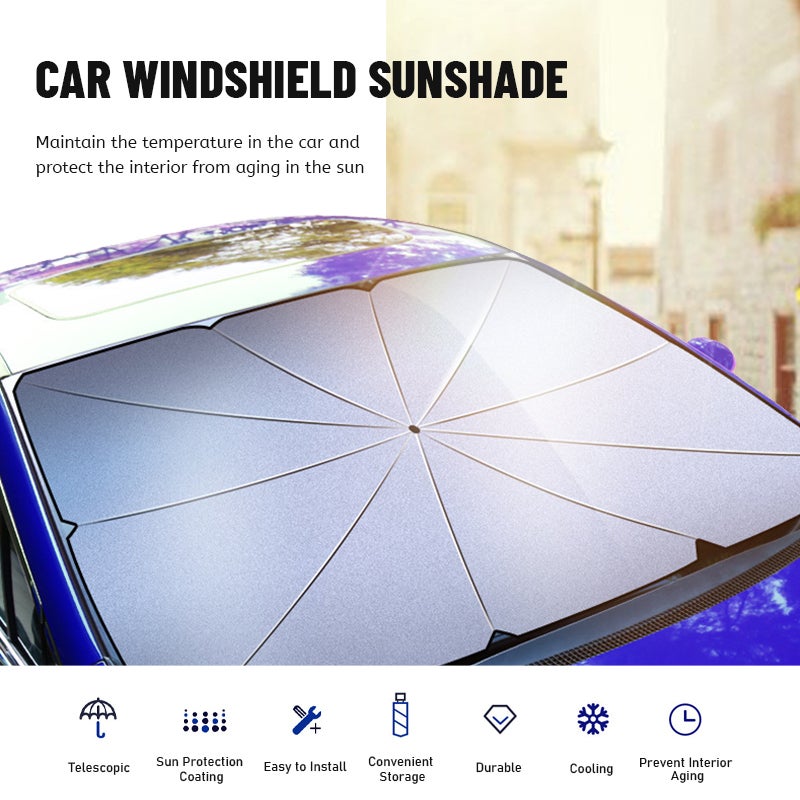 Large Silver Car Windshield Sun Shade - High-Quality Durable Heat-Resistant Material, Instant Install Foldable Design With Leather Sheath for Most Sedan Truck Van Drivers - Image 5