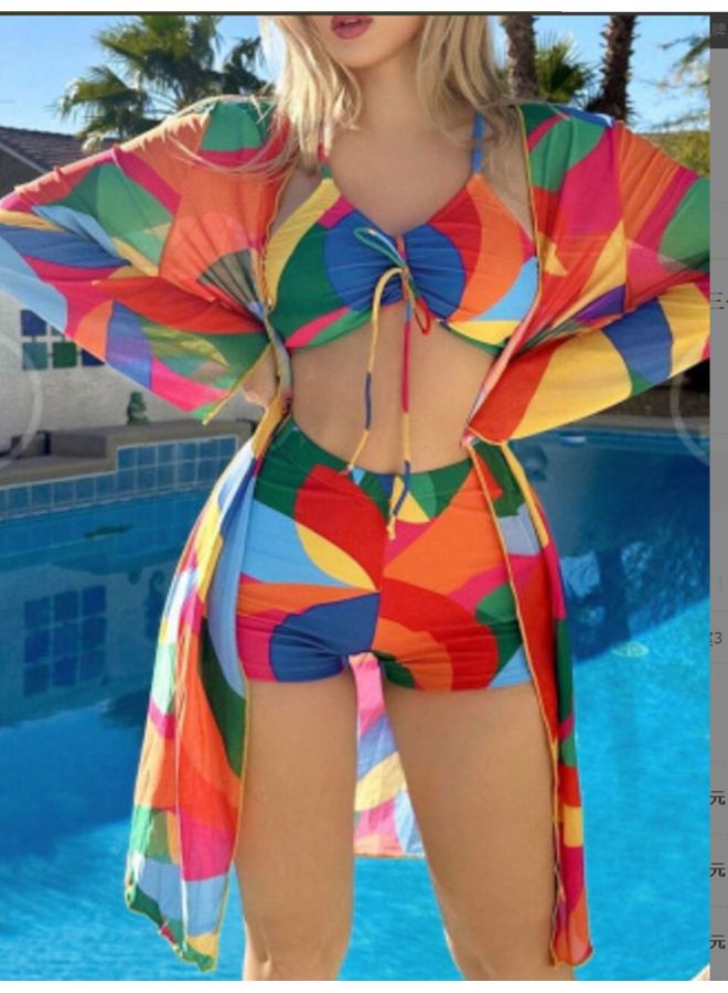 Generic European And American Color Printed Blouse Thin Translucent Three-piece Swimsuit Women's Sunscreen Beach Suit-Color:color Orange-Size:L - Image 1