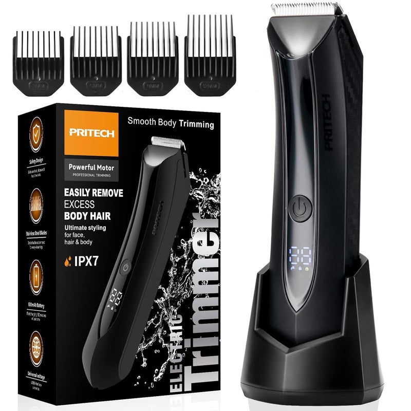 pritech Body Hair Trimmer for Men Pubic Hair Trimmer - Wet/Dry Ball Trimmer with Ceramic Blade, Rechargeable Body Shaver for Men with Refill Base - Image 1