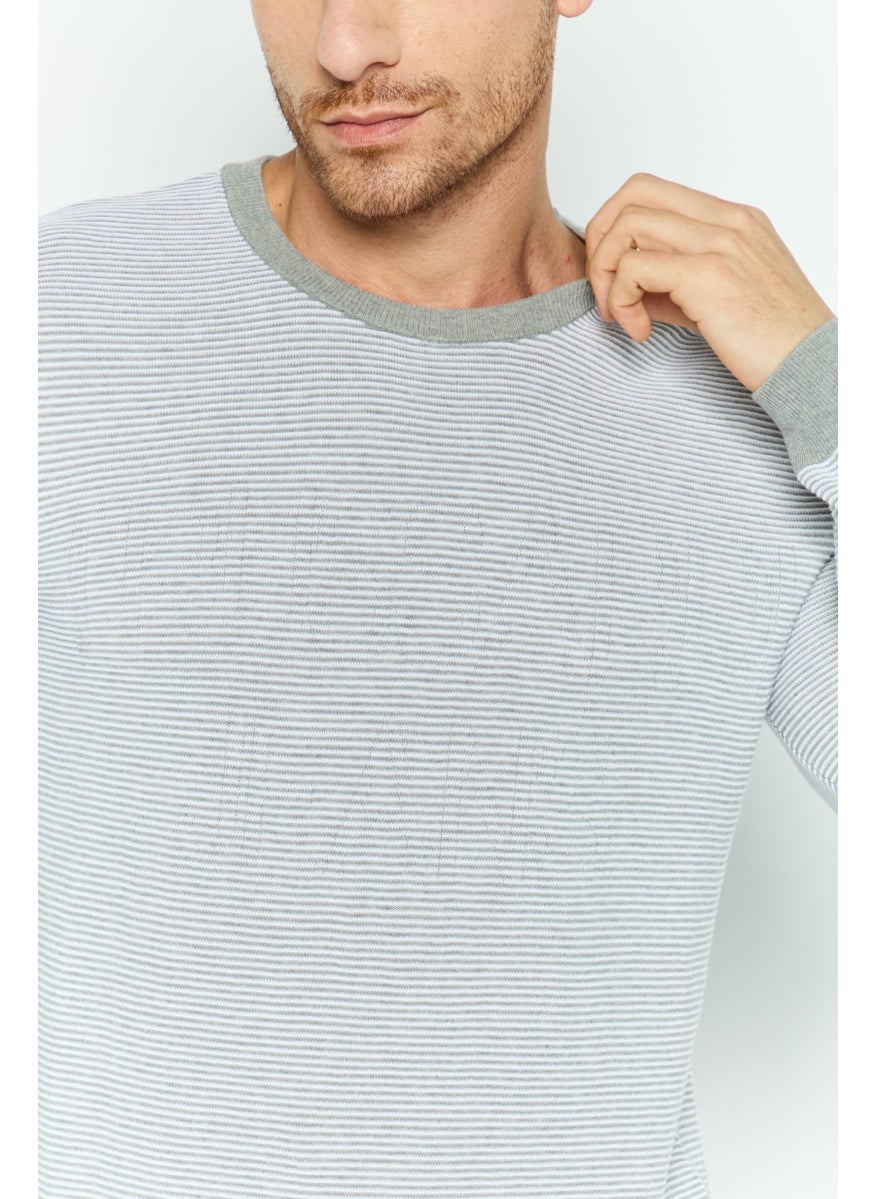 TRUSSARDI JEANS Men Crew Neck Long Sleeve Textured Sweater, Light Grey  - Image 3