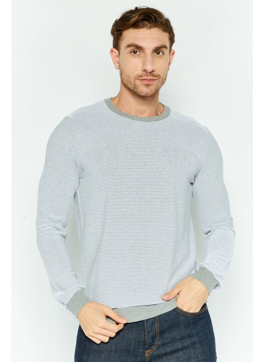 TRUSSARDI JEANS Men Crew Neck Long Sleeve Textured Sweater, Light Grey  - Image 1