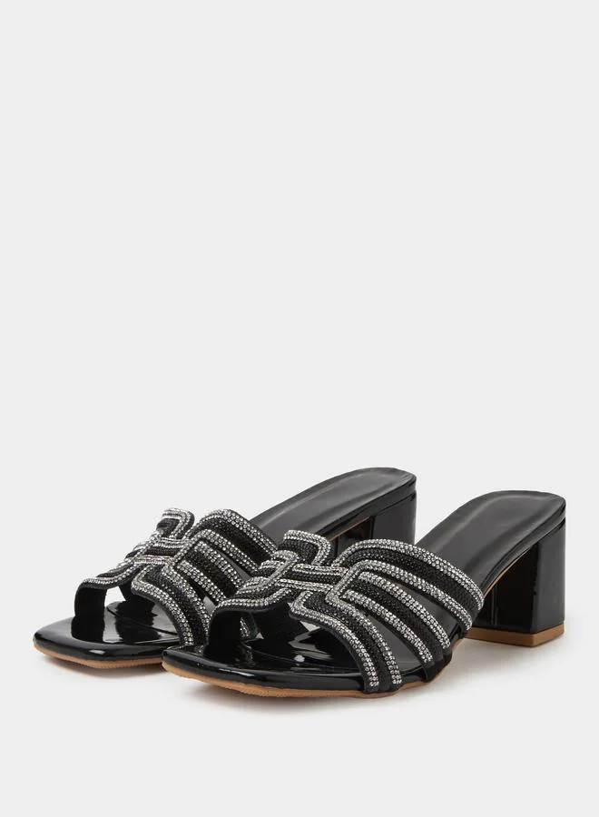 تايك تو Black Rhinestone Block Heels Sandals