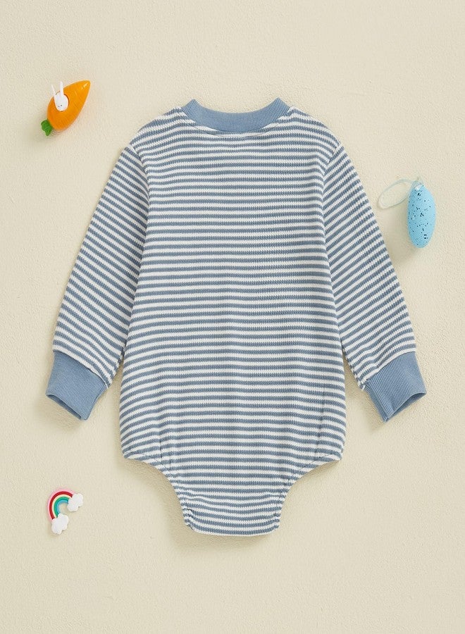Lenjindjer Baby Girl Boy Easter Outfits Waffle Carrot/bunny Embroidery Long Sleeve Bubble Romper Infant Spring Bodysuit Tops (Blue, 12-18 Months) - Image 3