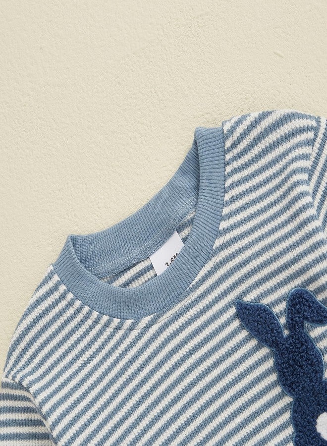 Lenjindjer Baby Girl Boy Easter Outfits Waffle Carrot/bunny Embroidery Long Sleeve Bubble Romper Infant Spring Bodysuit Tops (Blue, 12-18 Months) - Image 4