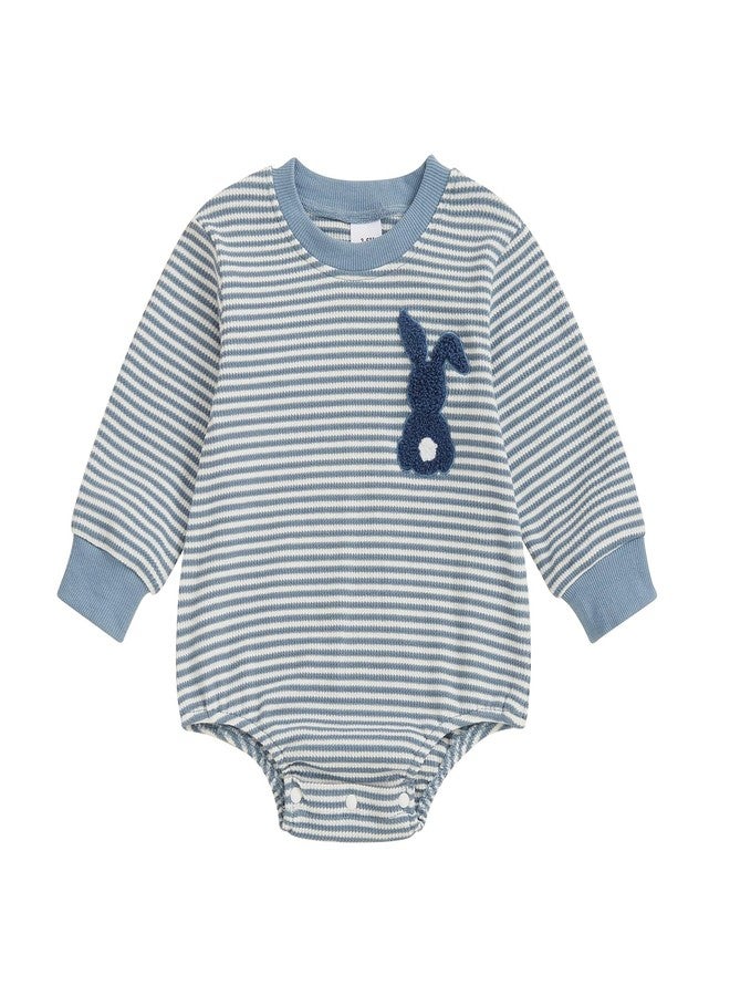 Lenjindjer Baby Girl Boy Easter Outfits Waffle Carrot/bunny Embroidery Long Sleeve Bubble Romper Infant Spring Bodysuit Tops (Blue, 12-18 Months) - Image 1