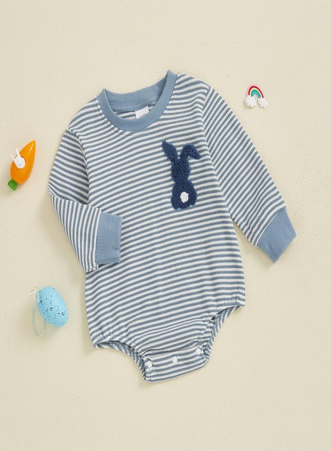Lenjindjer Baby Girl Boy Easter Outfits Waffle Carrot/bunny Embroidery Long Sleeve Bubble Romper Infant Spring Bodysuit Tops (Blue, 12-18 Months) - Image 2