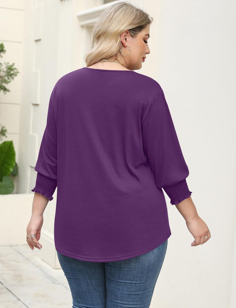 Rapbin Plus Size Tops for Women 2025 Trendy Three Quarter Sleeve Blouses Cute Purple Shirts Loose Summer Basic Shirts (Purple 3XL) - Image 4