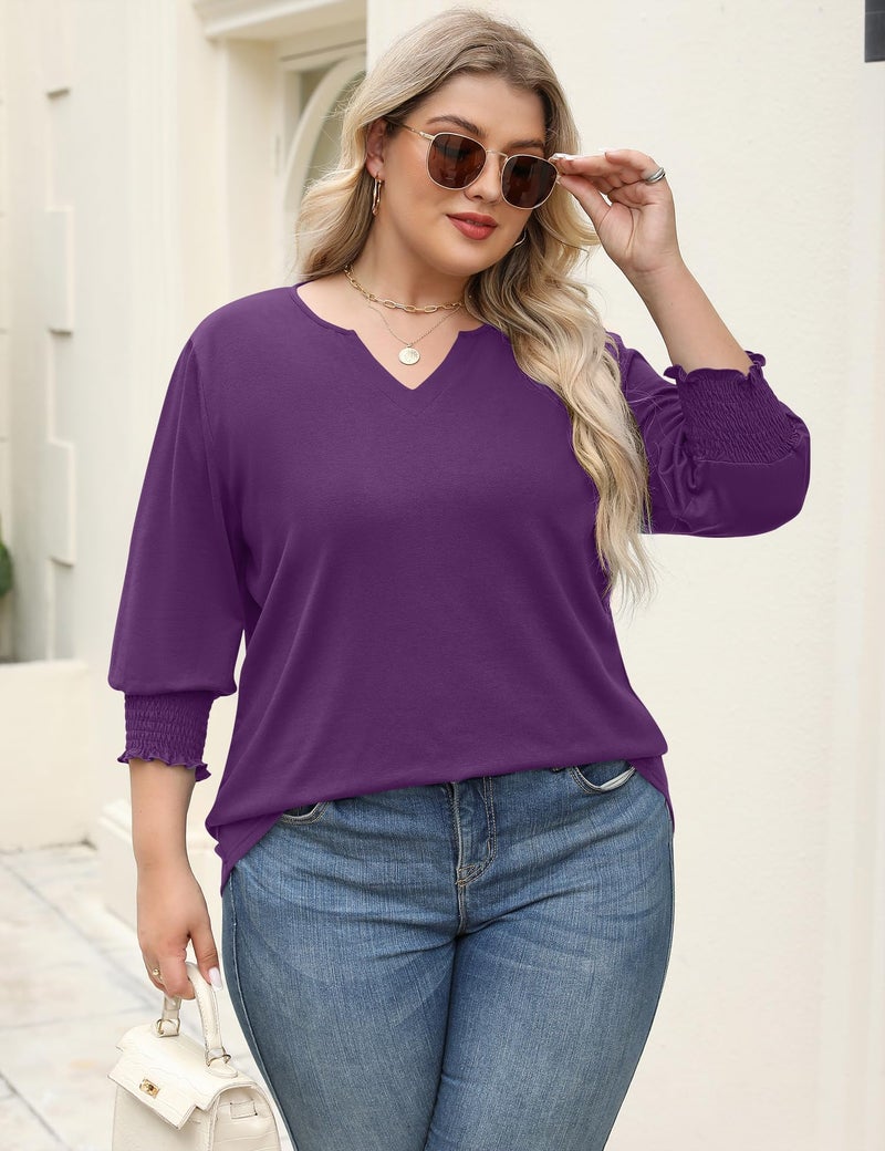 Rapbin Plus Size Tops for Women 2025 Trendy Three Quarter Sleeve Blouses Cute Purple Shirts Loose Summer Basic Shirts (Purple 3XL) - Image 5