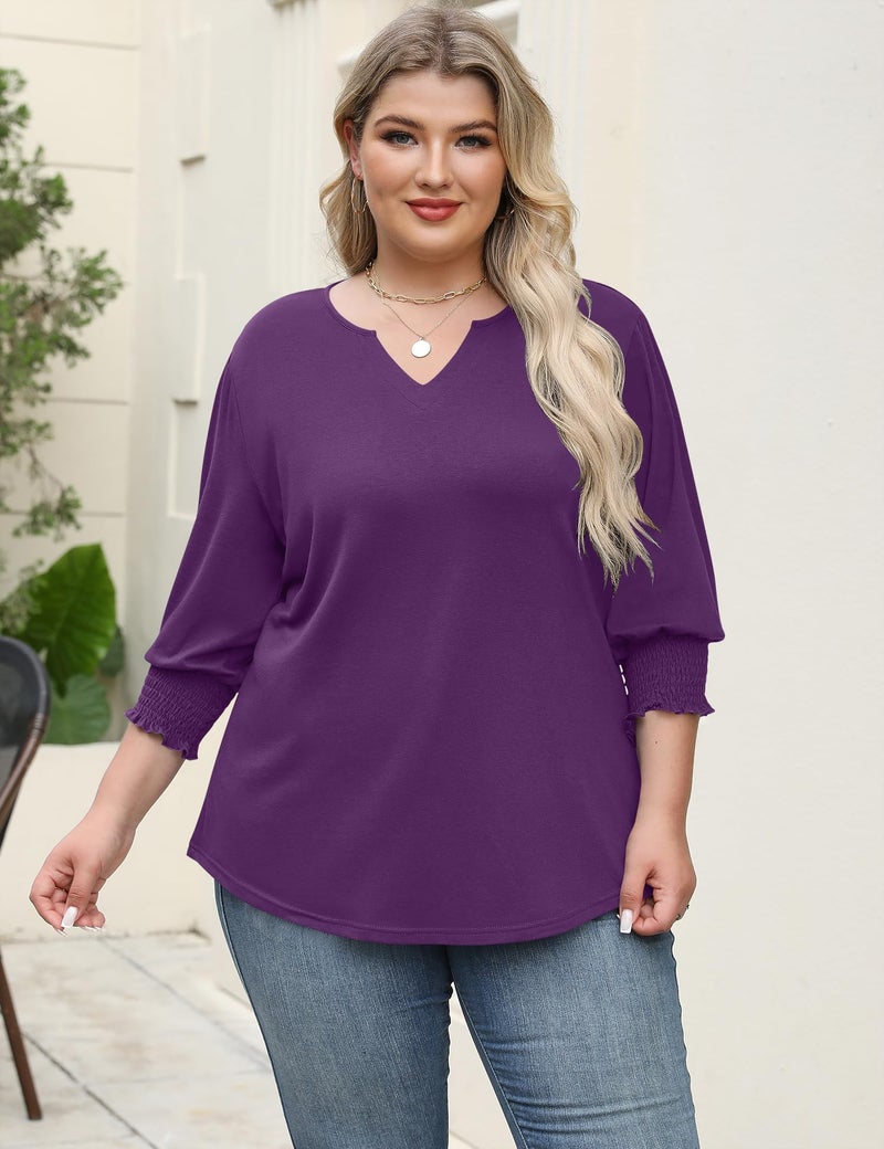 Rapbin Plus Size Tops for Women 2025 Trendy Three Quarter Sleeve Blouses Cute Purple Shirts Loose Summer Basic Shirts (Purple 3XL) - Image 2