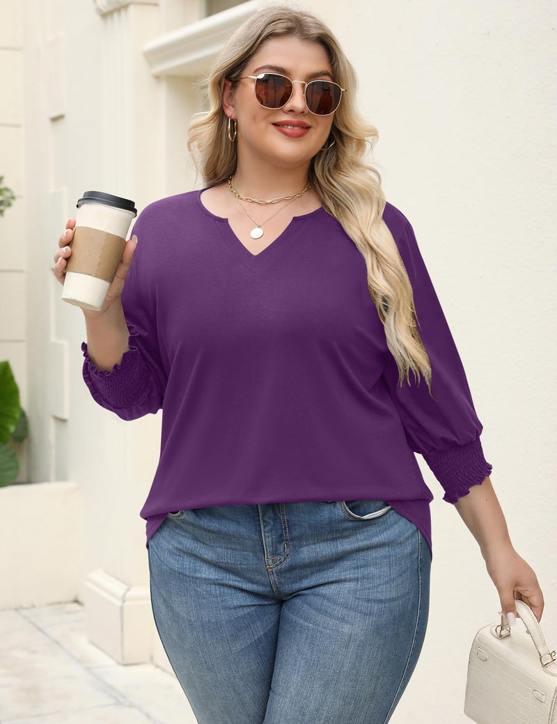 Rapbin Plus Size Tops for Women 2025 Trendy Three Quarter Sleeve Blouses Cute Purple Shirts Loose Summer Basic Shirts (Purple 3XL) - Image 3
