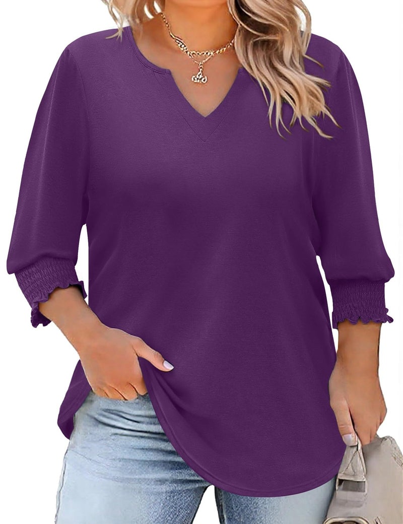 Rapbin Plus Size Tops for Women 2025 Trendy Three Quarter Sleeve Blouses Cute Purple Shirts Loose Summer Basic Shirts (Purple 3XL) - Image 1
