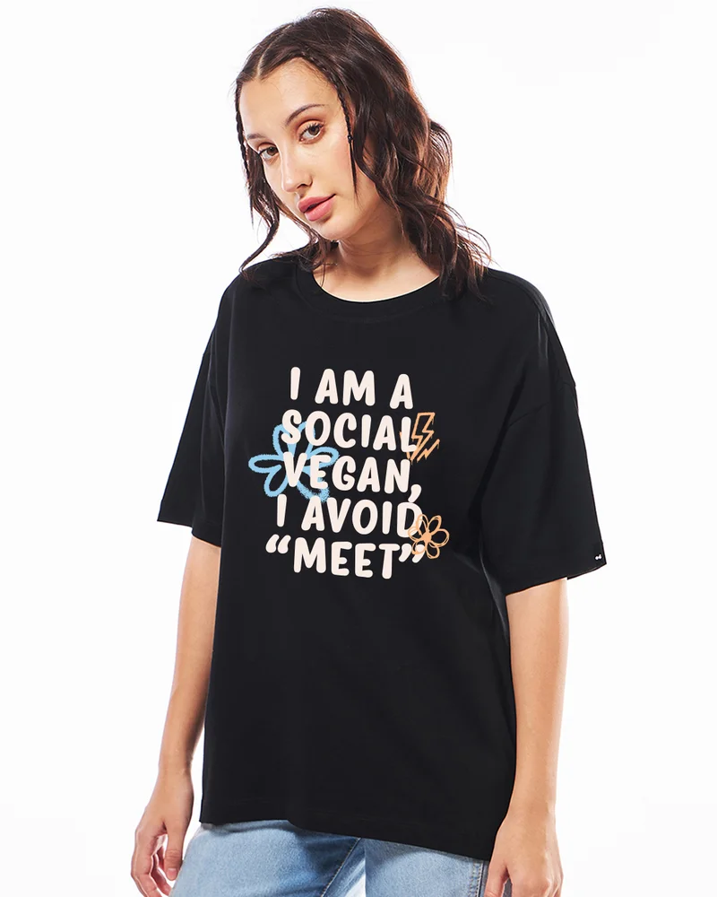 bewakoof Women's Jet Black Vegan Typography Oversized T-shirt