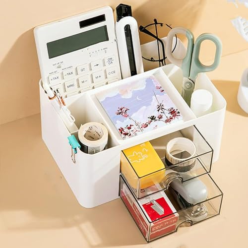 MosQuick® Study Table Accessories Desk organizer with 5 Compartments & 2 Drawer Aesthetic Stationery & Pen Stand for study table perfect office desk accessories Office Supplies table organizer White - Image 3