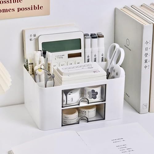 MosQuick® Study Table Accessories Desk organizer with 5 Compartments & 2 Drawer Aesthetic Stationery & Pen Stand for study table perfect office desk accessories Office Supplies table organizer White - Image 1