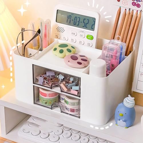 MosQuick® Study Table Accessories Desk organizer with 5 Compartments & 2 Drawer Aesthetic Stationery & Pen Stand for study table perfect office desk accessories Office Supplies table organizer White - Image 2