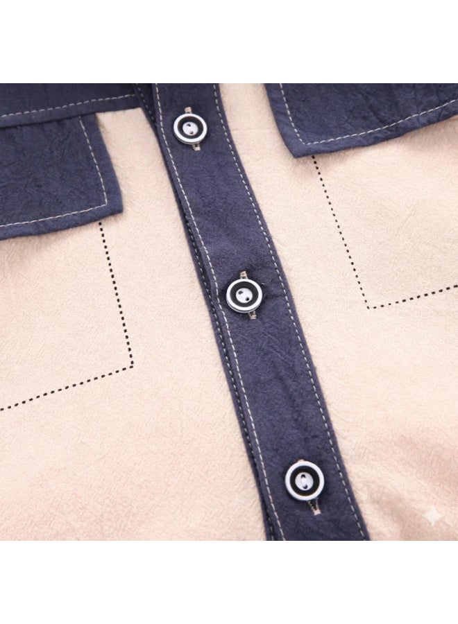 Generic (Unbranded) Stylish Boys Summer 2-Piece Set | 18-24 Months | Navy & Beige Color | Cotton Shirt with Front Pockets & Denim Blue Shorts | Lightweight, Breathable & Durable | Easy-Care - Image 3