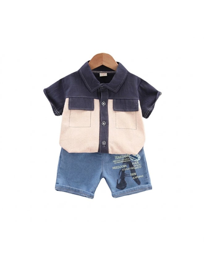 Generic (Unbranded) Stylish Boys Summer 2-Piece Set | 18-24 Months | Navy & Beige Color | Cotton Shirt with Front Pockets & Denim Blue Shorts | Lightweight, Breathable & Durable | Easy-Care - Image 1