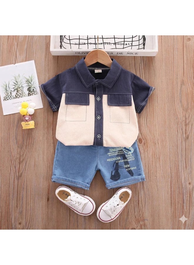 Generic (Unbranded) Stylish Boys Summer 2-Piece Set | 18-24 Months | Navy & Beige Color | Cotton Shirt with Front Pockets & Denim Blue Shorts | Lightweight, Breathable & Durable | Easy-Care - Image 2