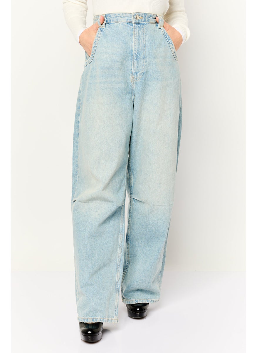 Bershka Women Balloon Fit Washed Non Stretchable Denim Jean, Blue  - Image 1