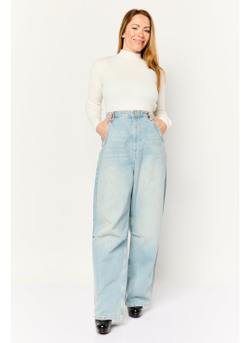 Bershka Women Balloon Fit Washed Non Stretchable Denim Jean, Blue  - Image 2