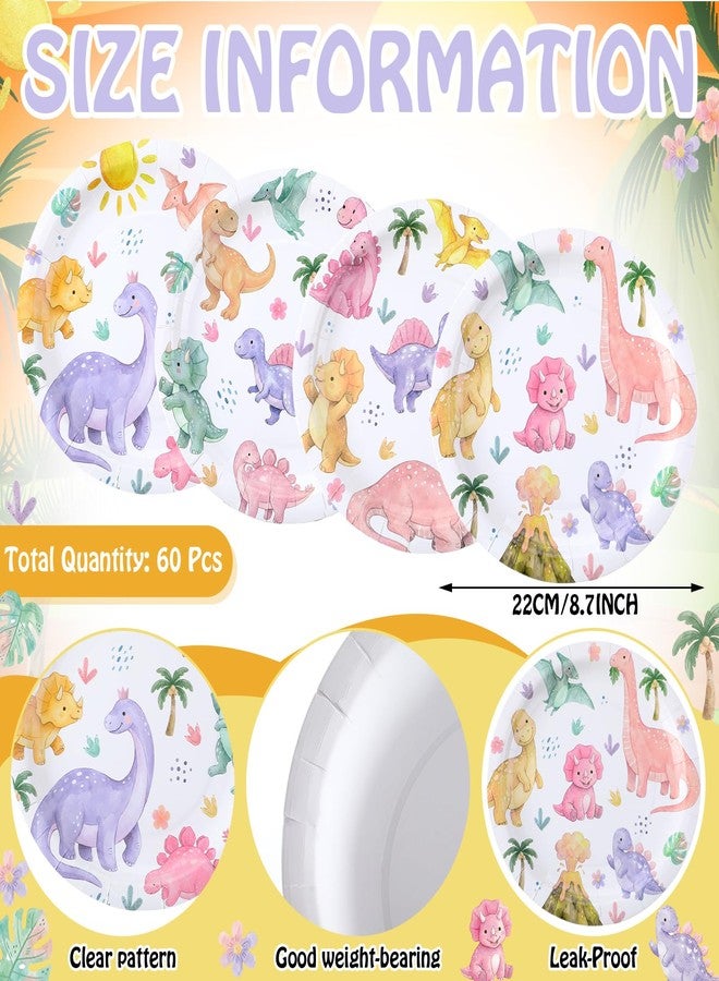 Maxdot 60 Pcs 9 Inch Pastel Dinosaur Disposable Paper Plates Girl Dino Party Tableware Girly Pink Cute Jungle Wild Animals Dinnerware for Birthday Party Supplies Decor Baby Shower - Image 2