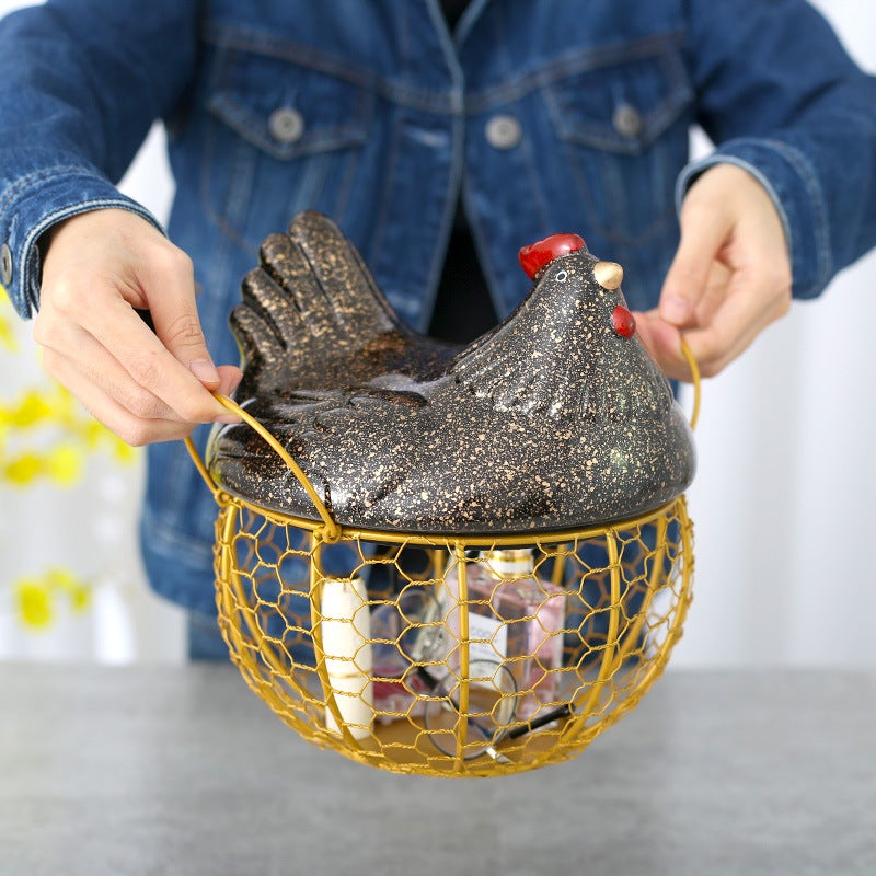 Handmade Retro Decorative Storage Tray with Ceramic Lid and Iron Basket - Image 2