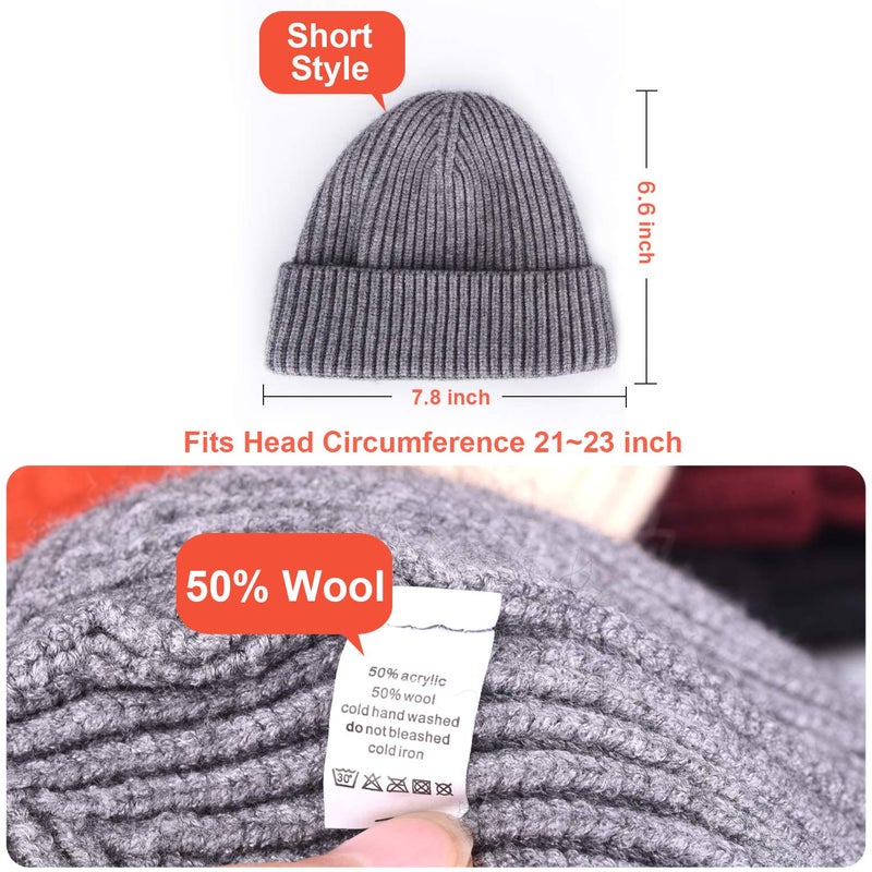 ROYBENS Swag Wool Knit Cuff Short Fisherman Beanie for Men Women, Winter Warm Hats, Beige - Image 4