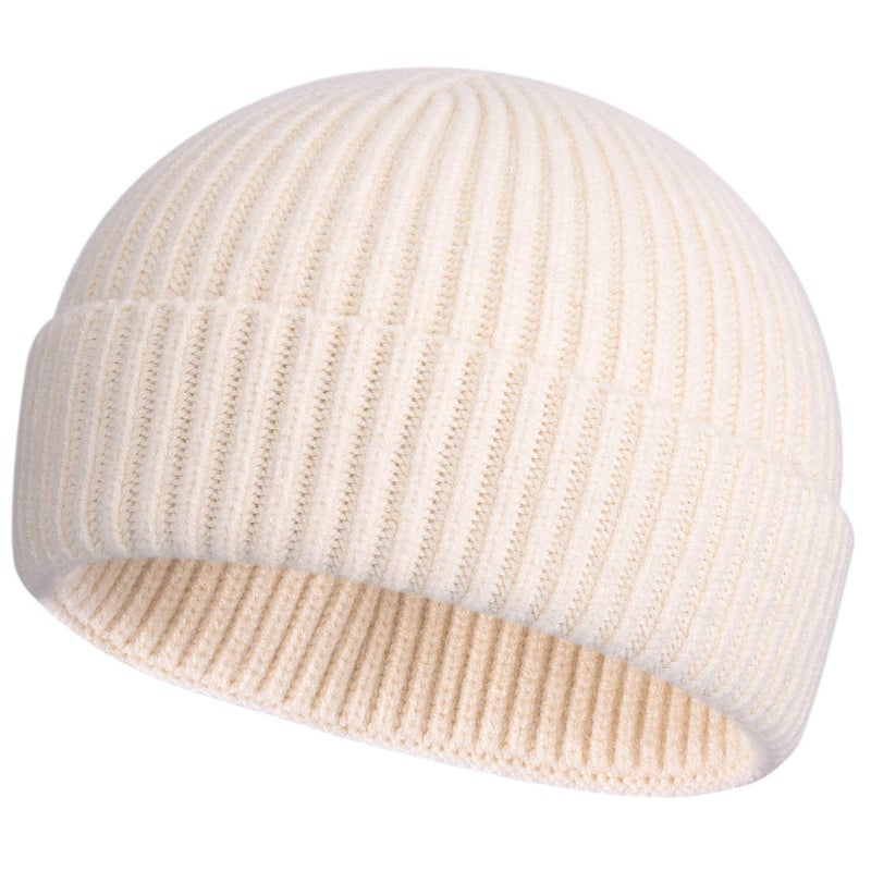 ROYBENS Swag Wool Knit Cuff Short Fisherman Beanie for Men Women, Winter Warm Hats, Beige - Image 1