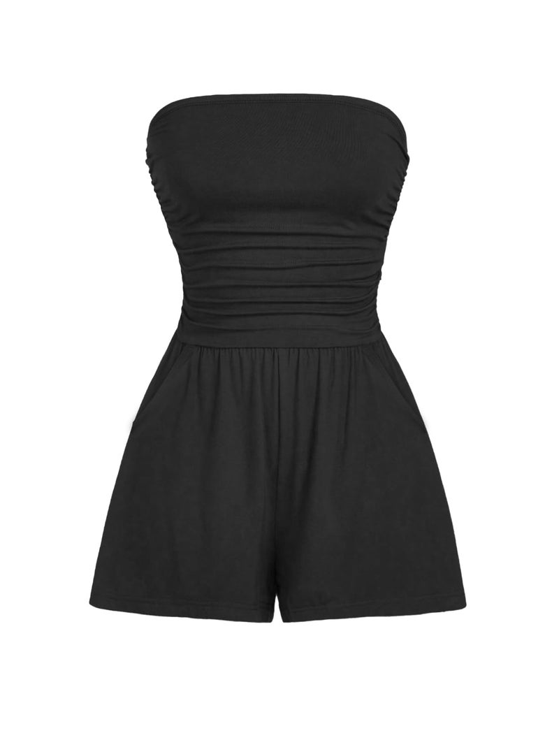 AUXDIO Women Summer Casual Strapless Romper Sleeveless Off Shoulder Short Jumpsuits 2026 Beach Vacation Clothes Black Small - Image 1