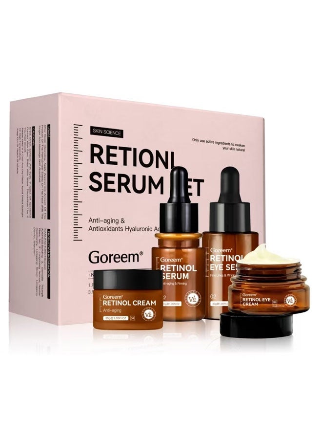 جوريم مجموعة من 4 قطع من كريم الريتينول للوجه وسيروم للوجه وسيروم للعين وسيروم للعين بالريتينول، مقاومة للشيخوخة، مرطب، يزيل الخطوط الدقيقة، عناية عميقة، تبييض، إشراق. - Image 1