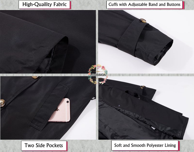 RISISSIDA Trench Coats for Women Long Double Breasted Spring Fall Waterproof Rain Jacket Overcoat Black M - Image 5