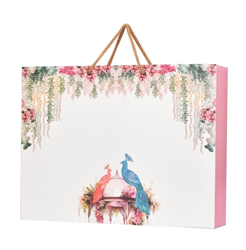 PPJ WEDDING PEACOCK PAIR 10 Pcs PAPER CARRY BAG 14 Inch X 10 Inch X 4 Inch for DIWALIWEDDINGFUNCTIONBIRTHDAYRETURN GIFTSCHRISTMASGIFT BAGSGIFT COVERS Pack of 10 - Image 1