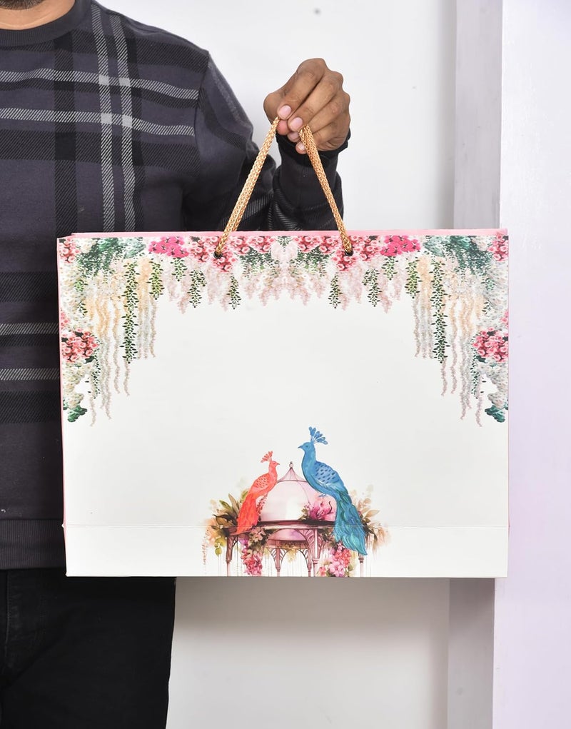 PPJ WEDDING PEACOCK PAIR 10 Pcs PAPER CARRY BAG 14 Inch X 10 Inch X 4 Inch for DIWALIWEDDINGFUNCTIONBIRTHDAYRETURN GIFTSCHRISTMASGIFT BAGSGIFT COVERS Pack of 10 - Image 2