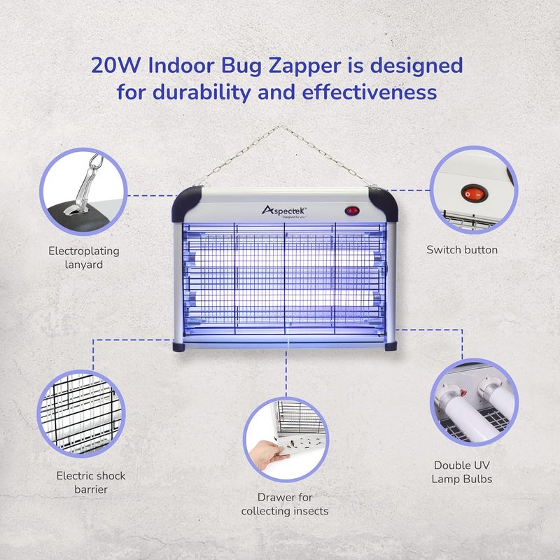 Aspectek Powerful 20W Indoor Bug Zapper - Electric Fly Trap, Mosquito Killer with UV Lamp, Includes 2 Replacement Bulbs for Effective Insect Control - Image 2
