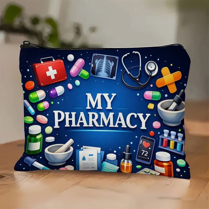 A Uniquely Stylish Pharmacy Print Makeup Bag 22x18cm With Zipper Closure For Cosmetics Toiletries Sunscreen Medicine Pills Travel Organizer Gift For Friends Healthcare Workers - Image 2