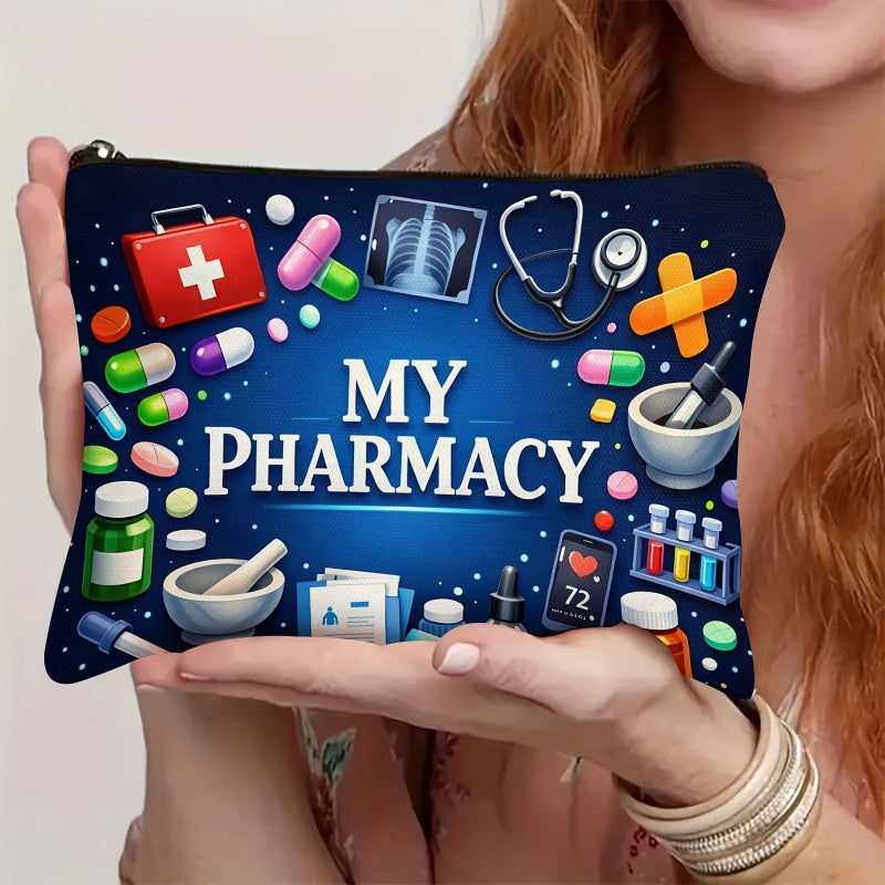 A Uniquely Stylish Pharmacy Print Makeup Bag 22x18cm With Zipper Closure For Cosmetics Toiletries Sunscreen Medicine Pills Travel Organizer Gift For Friends Healthcare Workers - Image 1